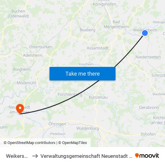 Weikersheim to Verwaltungsgemeinschaft Neuenstadt am Kocher map