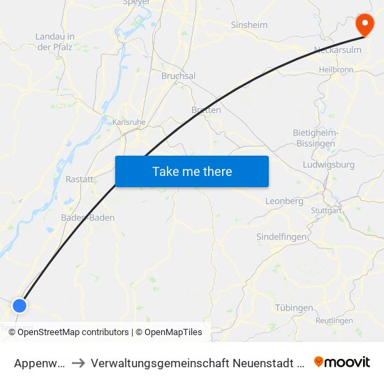 Appenweier to Verwaltungsgemeinschaft Neuenstadt am Kocher map