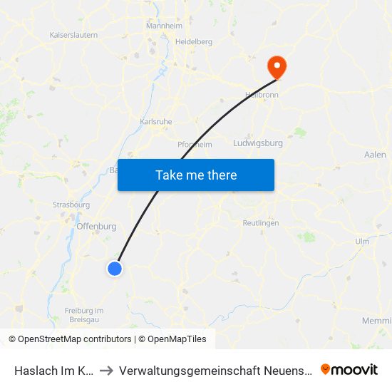 Haslach Im Kinzigtal to Verwaltungsgemeinschaft Neuenstadt am Kocher map