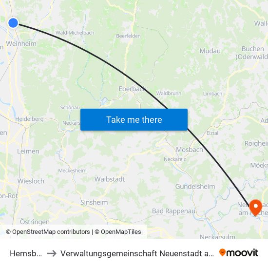 Hemsbach to Verwaltungsgemeinschaft Neuenstadt am Kocher map