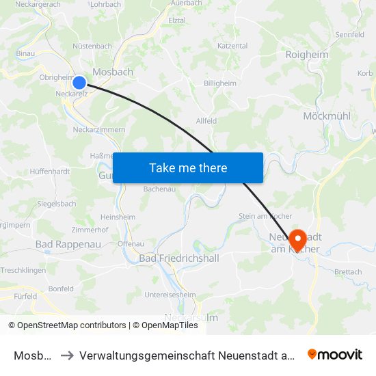 Mosbach to Verwaltungsgemeinschaft Neuenstadt am Kocher map