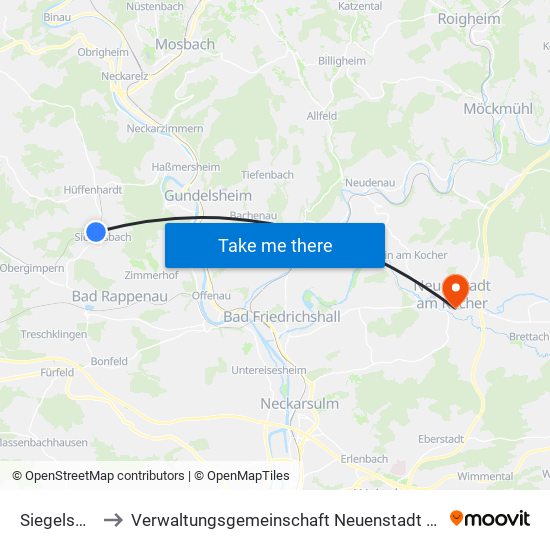 Siegelsbach to Verwaltungsgemeinschaft Neuenstadt am Kocher map
