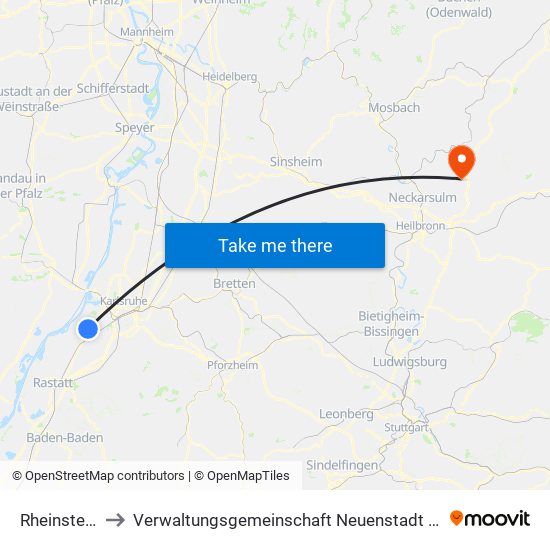 Rheinstetten to Verwaltungsgemeinschaft Neuenstadt am Kocher map