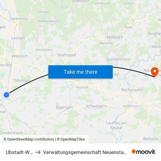 Ubstadt-Weiher to Verwaltungsgemeinschaft Neuenstadt am Kocher map