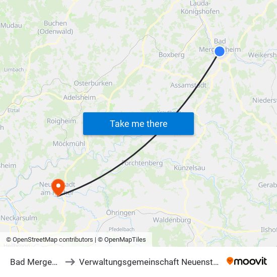 Bad Mergentheim to Verwaltungsgemeinschaft Neuenstadt am Kocher map