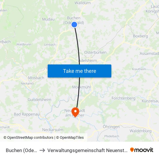 Buchen (Odenwald) to Verwaltungsgemeinschaft Neuenstadt am Kocher map