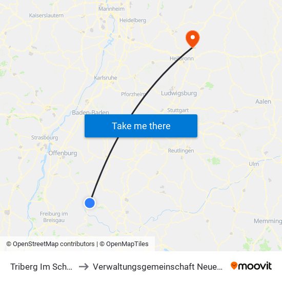 Triberg Im Schwarzwald to Verwaltungsgemeinschaft Neuenstadt am Kocher map