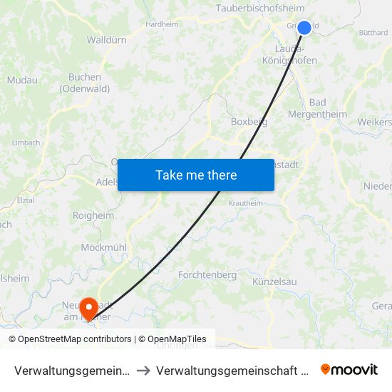 Verwaltungsgemeinschaft Grünsfeld to Verwaltungsgemeinschaft Neuenstadt am Kocher map