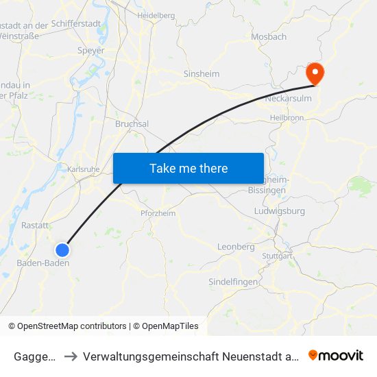 Gaggenau to Verwaltungsgemeinschaft Neuenstadt am Kocher map