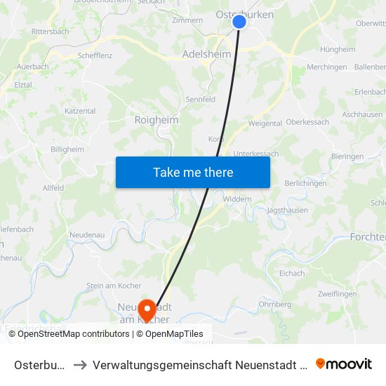 Osterburken to Verwaltungsgemeinschaft Neuenstadt am Kocher map