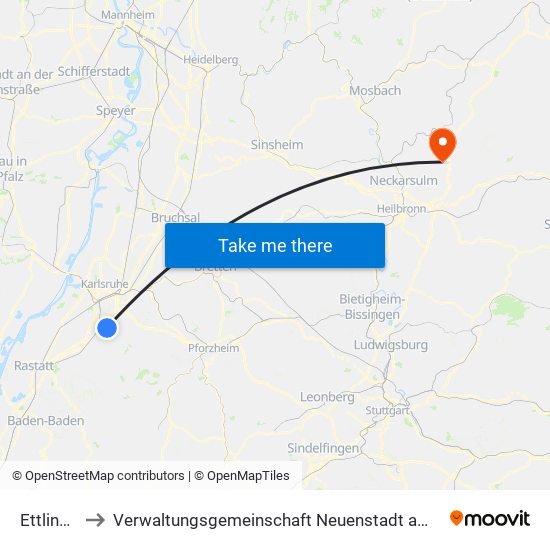 Ettlingen to Verwaltungsgemeinschaft Neuenstadt am Kocher map