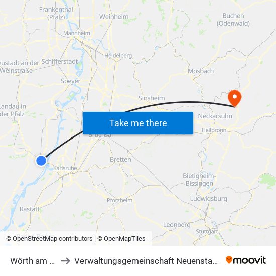 Wörth am Rhein to Verwaltungsgemeinschaft Neuenstadt am Kocher map