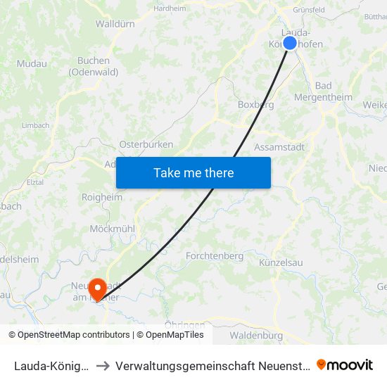 Lauda-Königshofen to Verwaltungsgemeinschaft Neuenstadt am Kocher map