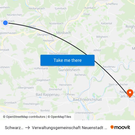 Schwarzach to Verwaltungsgemeinschaft Neuenstadt am Kocher map