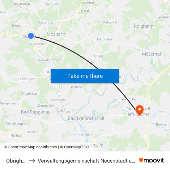 Obrigheim to Verwaltungsgemeinschaft Neuenstadt am Kocher map