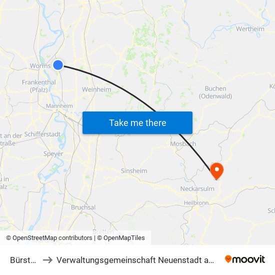 Bürstadt to Verwaltungsgemeinschaft Neuenstadt am Kocher map