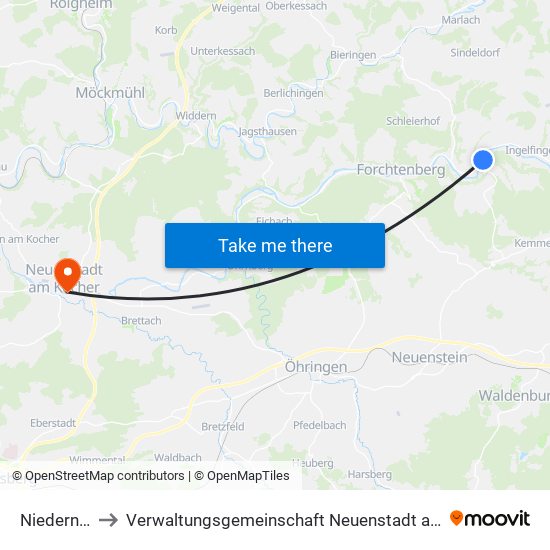 Niedernhall to Verwaltungsgemeinschaft Neuenstadt am Kocher map