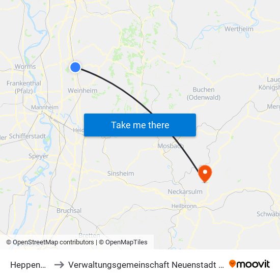 Heppenheim to Verwaltungsgemeinschaft Neuenstadt am Kocher map