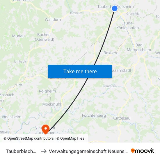 Tauberbischofsheim to Verwaltungsgemeinschaft Neuenstadt am Kocher map