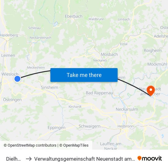 Dielheim to Verwaltungsgemeinschaft Neuenstadt am Kocher map