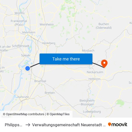 Philippsburg to Verwaltungsgemeinschaft Neuenstadt am Kocher map