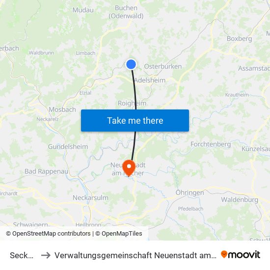 Seckach to Verwaltungsgemeinschaft Neuenstadt am Kocher map