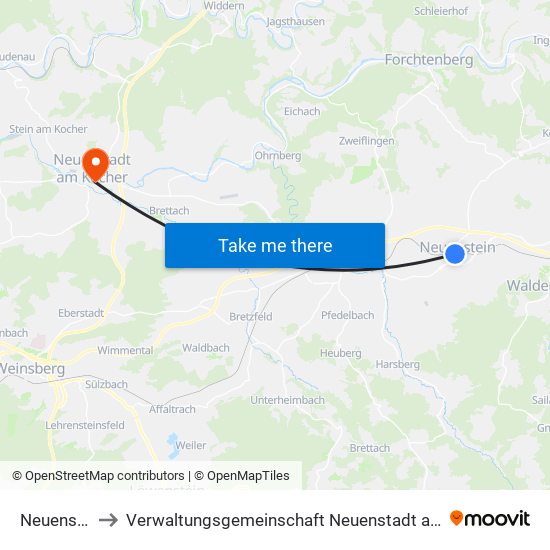 Neuenstein to Verwaltungsgemeinschaft Neuenstadt am Kocher map
