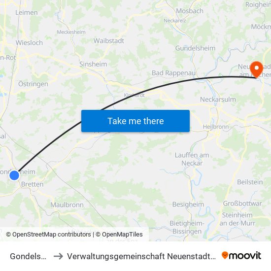 Gondelsheim to Verwaltungsgemeinschaft Neuenstadt am Kocher map