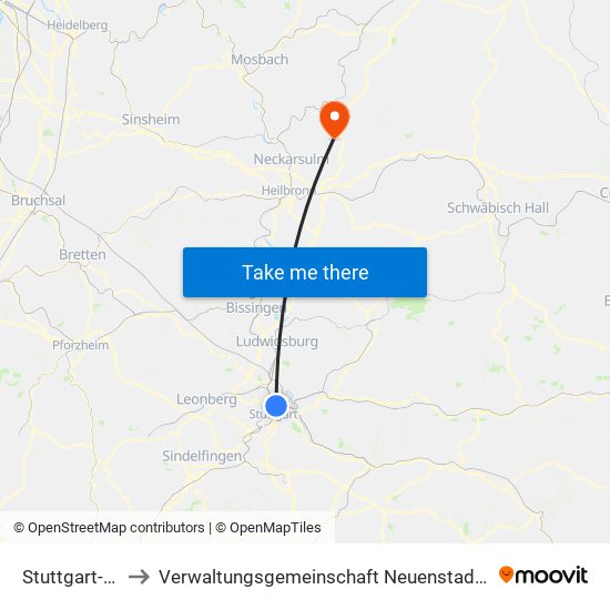 Stuttgart-Nord to Verwaltungsgemeinschaft Neuenstadt am Kocher map