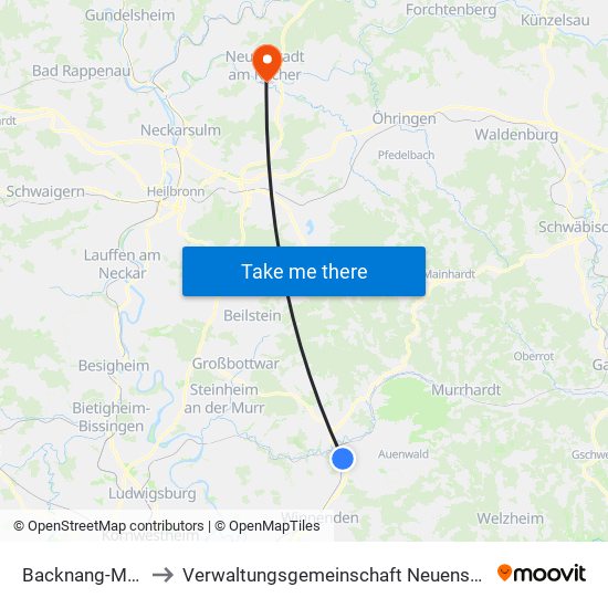 Backnang-Maubach to Verwaltungsgemeinschaft Neuenstadt am Kocher map