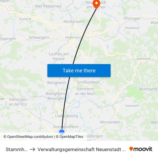 Stammheim to Verwaltungsgemeinschaft Neuenstadt am Kocher map
