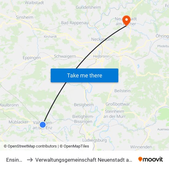 Ensingen to Verwaltungsgemeinschaft Neuenstadt am Kocher map