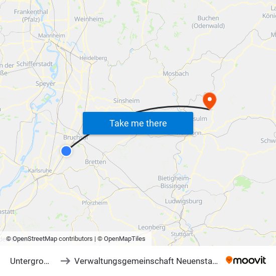 Untergrombach to Verwaltungsgemeinschaft Neuenstadt am Kocher map