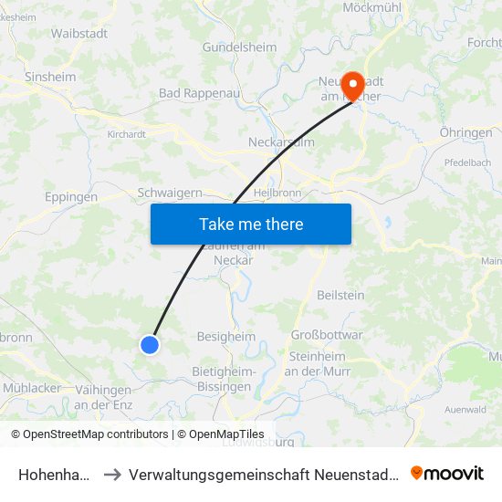 Hohenhaslach to Verwaltungsgemeinschaft Neuenstadt am Kocher map