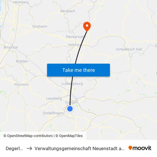 Degerloch to Verwaltungsgemeinschaft Neuenstadt am Kocher map