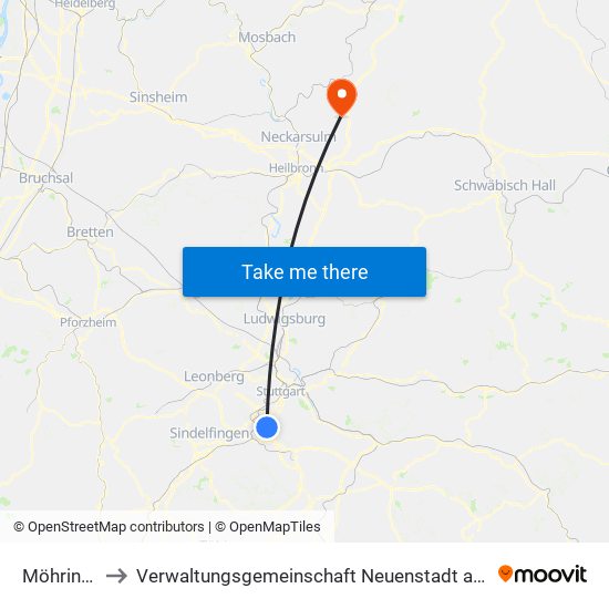 Möhringen to Verwaltungsgemeinschaft Neuenstadt am Kocher map