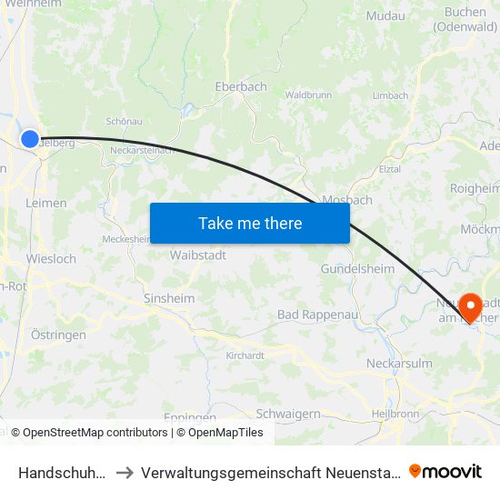 Handschuhsheim to Verwaltungsgemeinschaft Neuenstadt am Kocher map