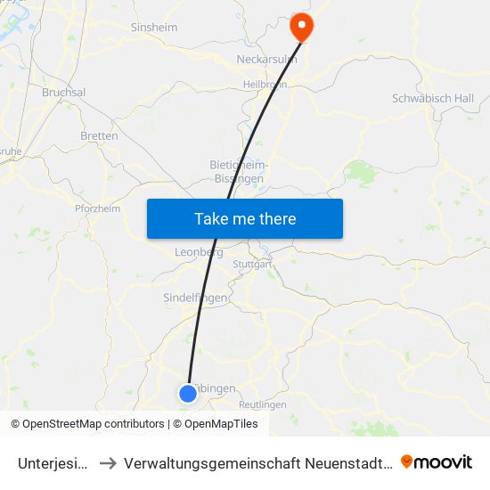 Unterjesingen to Verwaltungsgemeinschaft Neuenstadt am Kocher map