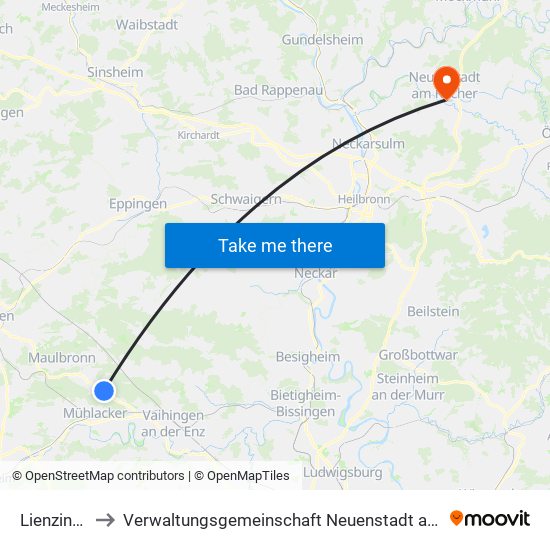 Lienzingen to Verwaltungsgemeinschaft Neuenstadt am Kocher map