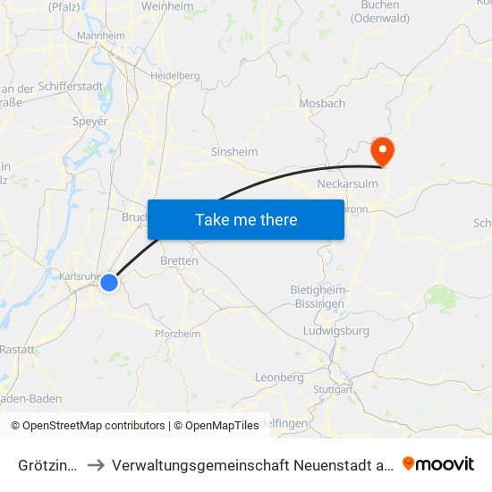 Grötzingen to Verwaltungsgemeinschaft Neuenstadt am Kocher map