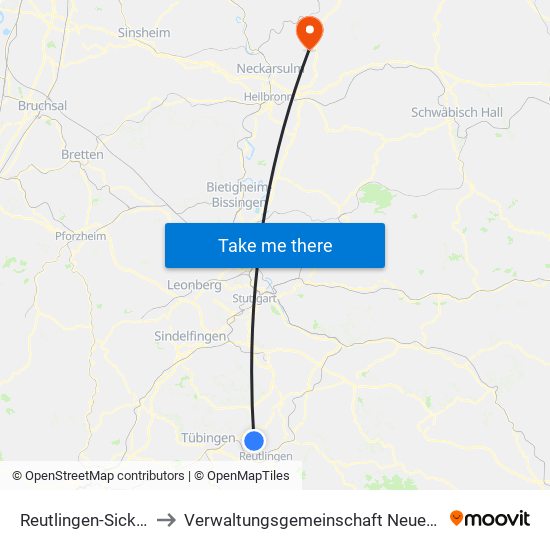 Reutlingen-Sickenhausen to Verwaltungsgemeinschaft Neuenstadt am Kocher map