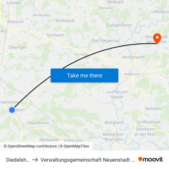 Diedelsheim to Verwaltungsgemeinschaft Neuenstadt am Kocher map