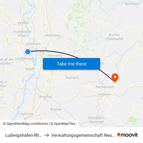 Ludwigshafen-Rheingönheim to Verwaltungsgemeinschaft Neuenstadt am Kocher map