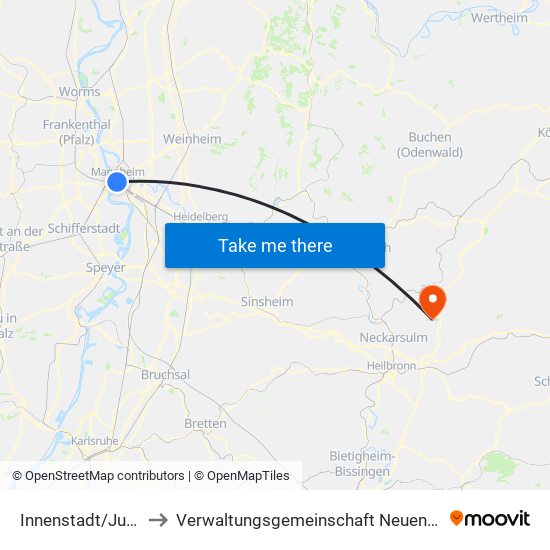 Innenstadt/Jungbusch to Verwaltungsgemeinschaft Neuenstadt am Kocher map