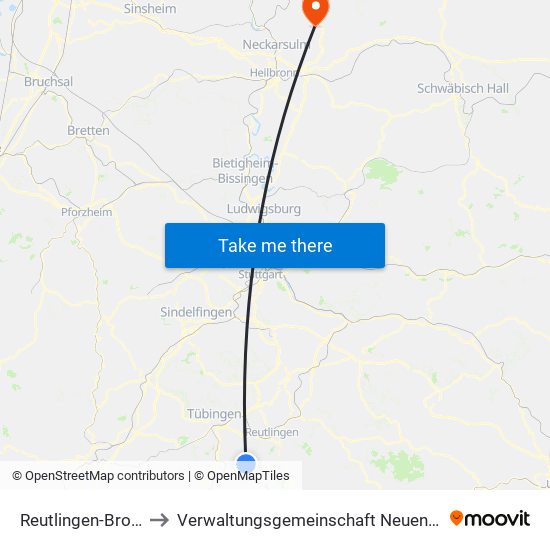 Reutlingen-Bronnweiler to Verwaltungsgemeinschaft Neuenstadt am Kocher map