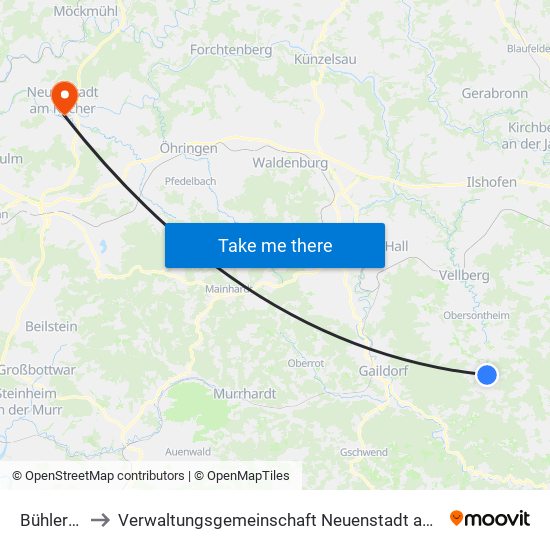 Bühlerzell to Verwaltungsgemeinschaft Neuenstadt am Kocher map