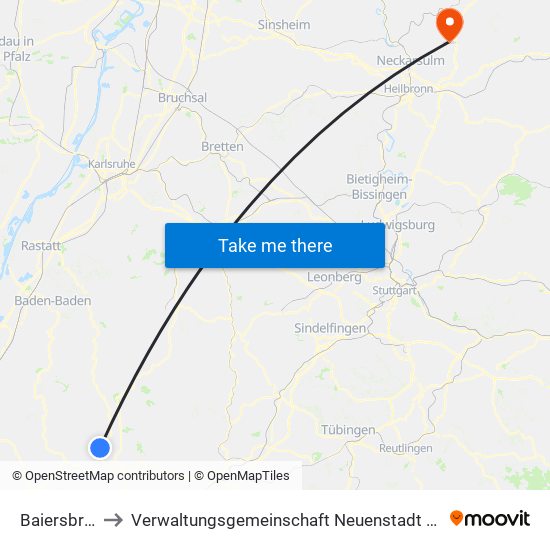 Baiersbronn to Verwaltungsgemeinschaft Neuenstadt am Kocher map