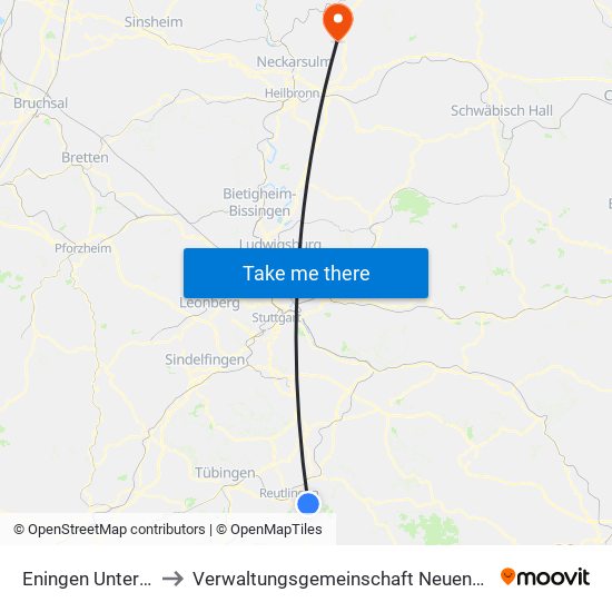 Eningen Unter Achalm to Verwaltungsgemeinschaft Neuenstadt am Kocher map