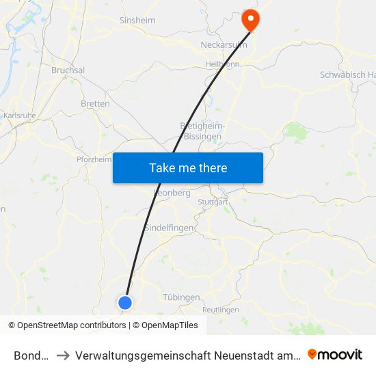 Bondorf to Verwaltungsgemeinschaft Neuenstadt am Kocher map