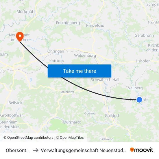 Obersontheim to Verwaltungsgemeinschaft Neuenstadt am Kocher map